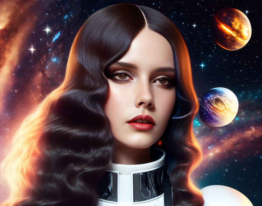 Wavy-haired woman with striking makeup on cosmic background