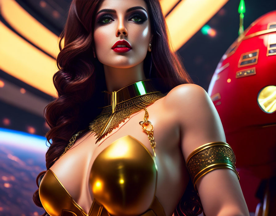 Digital image of woman with wavy hair, makeup, and golden jewelry in sci-fi setting