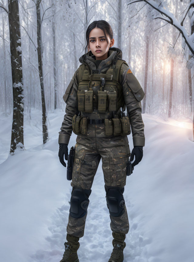 Female soldier in camo gear in snowy forest with sun peeking through trees