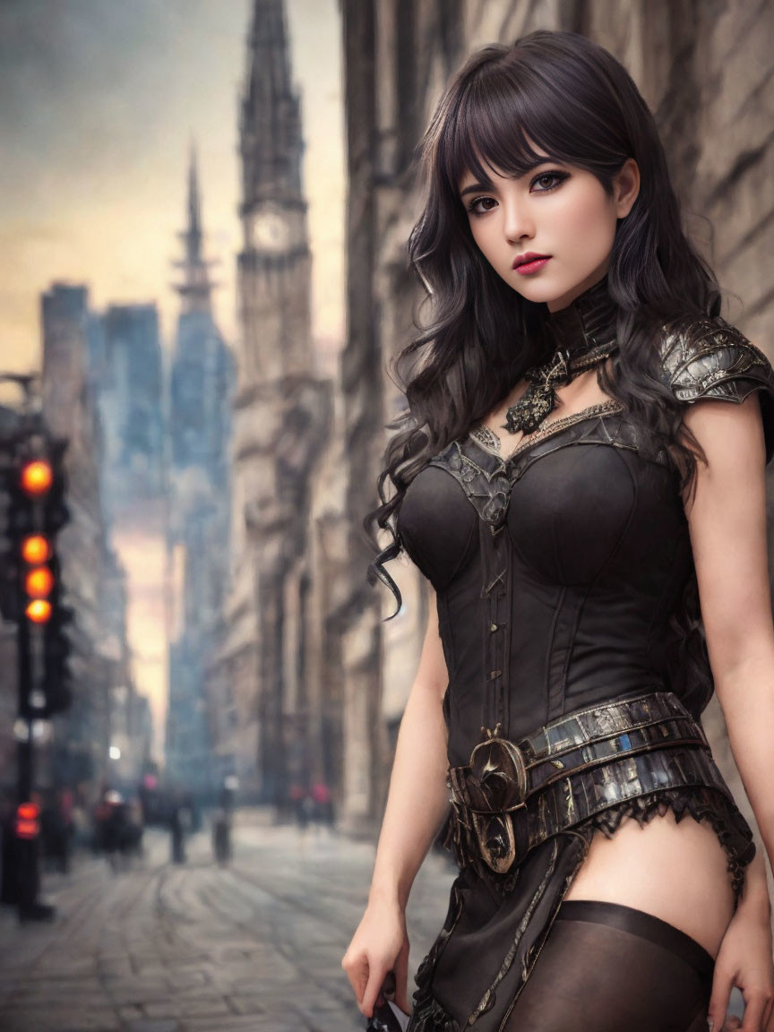 Gothic-inspired woman in urban setting with historical architecture