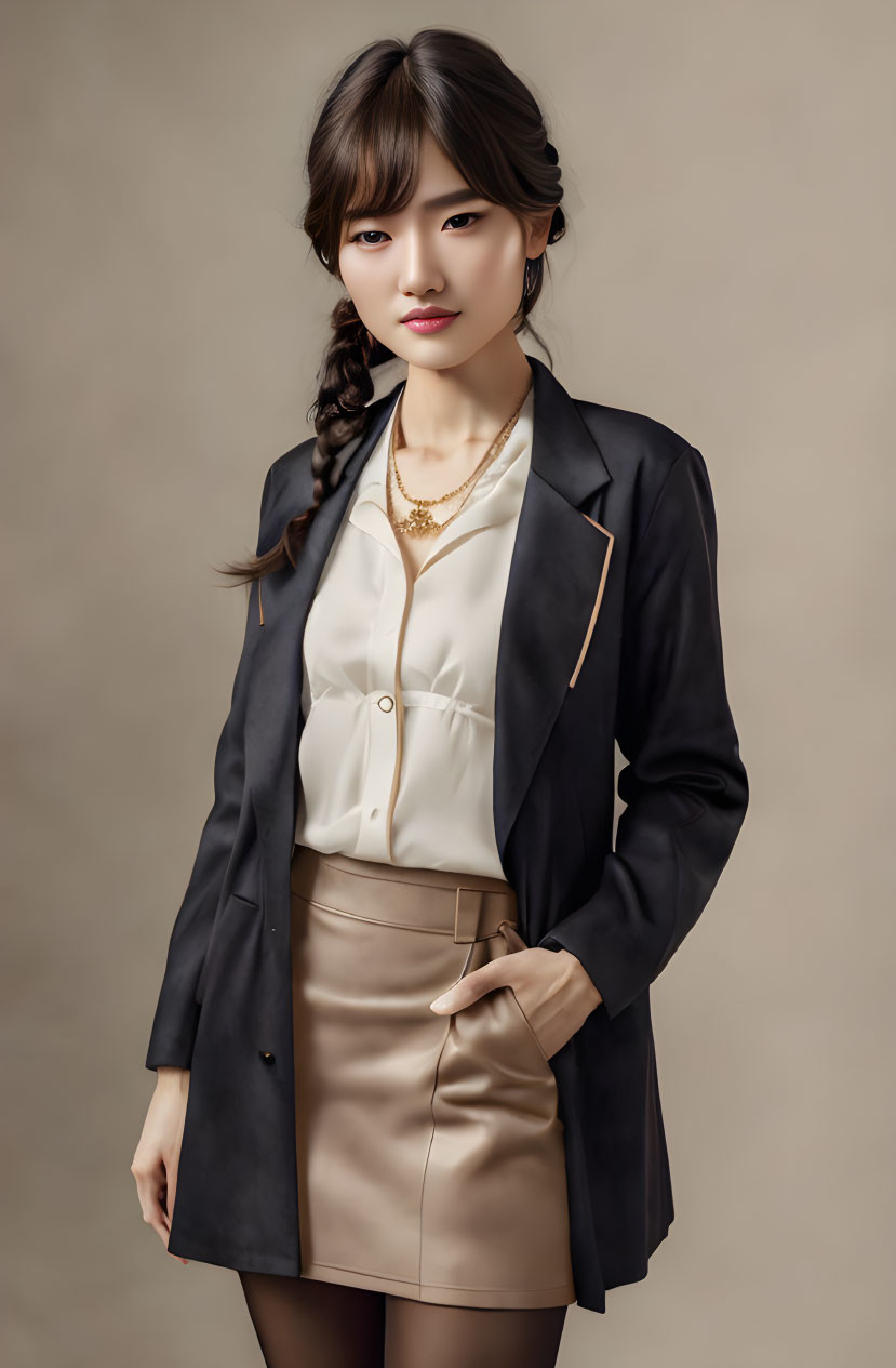 Professional woman in black blazer, cream blouse, beige skirt, gold necklace, posing in studio.