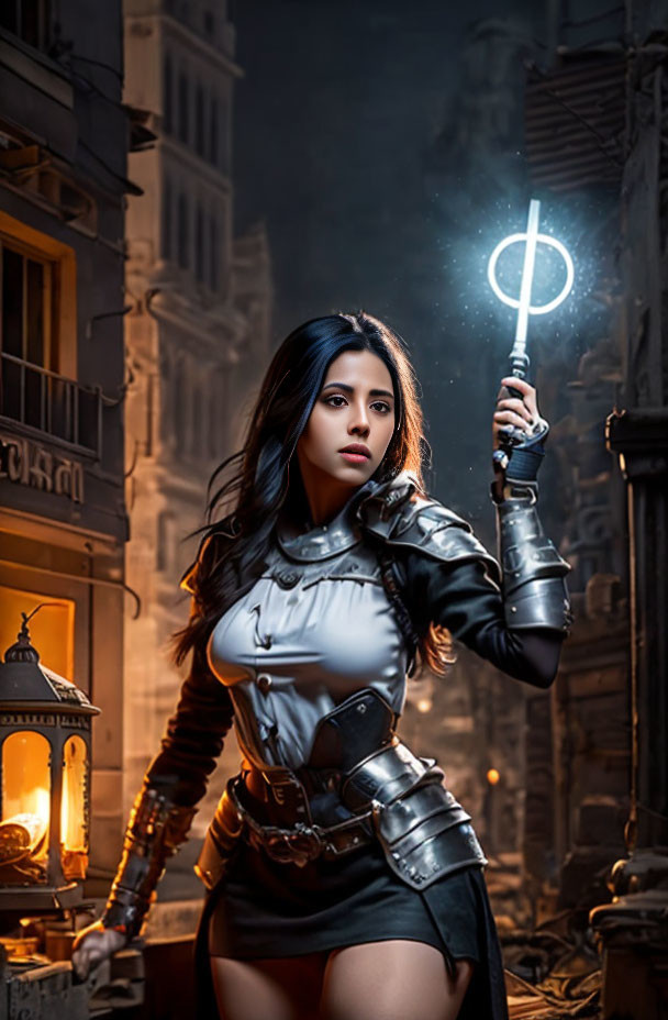 Medieval fantasy armor woman with glowing staff in dimly-lit alleyway