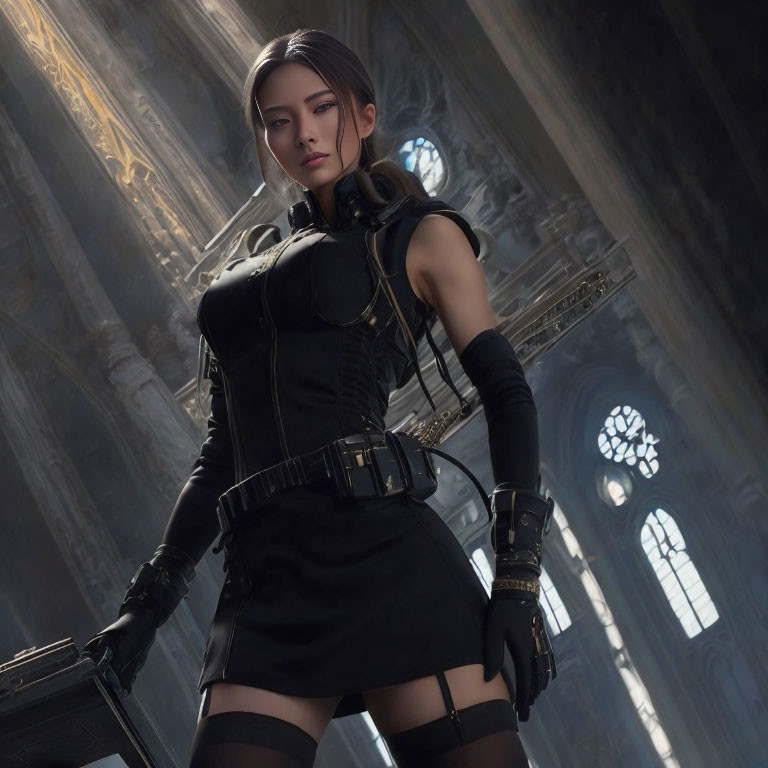 Female character in black combat outfit inside gothic cathedral with case