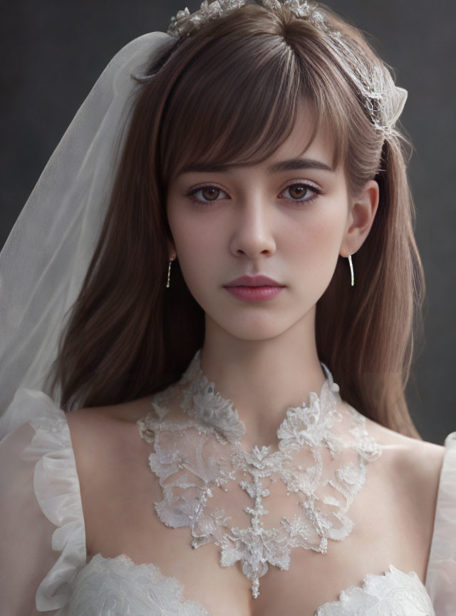 Bride in white dress with lace choker and veil headpiece