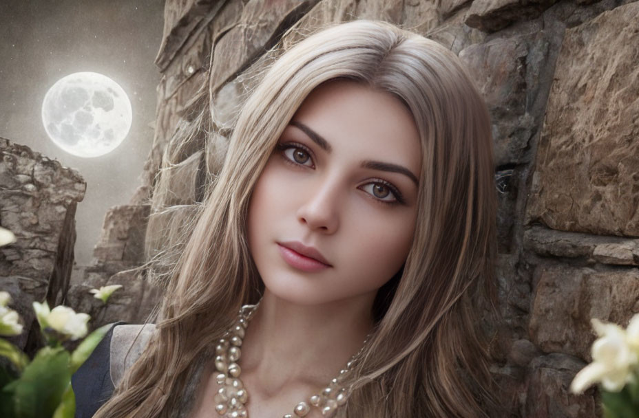 Blonde woman with pearl necklace under moonlit sky