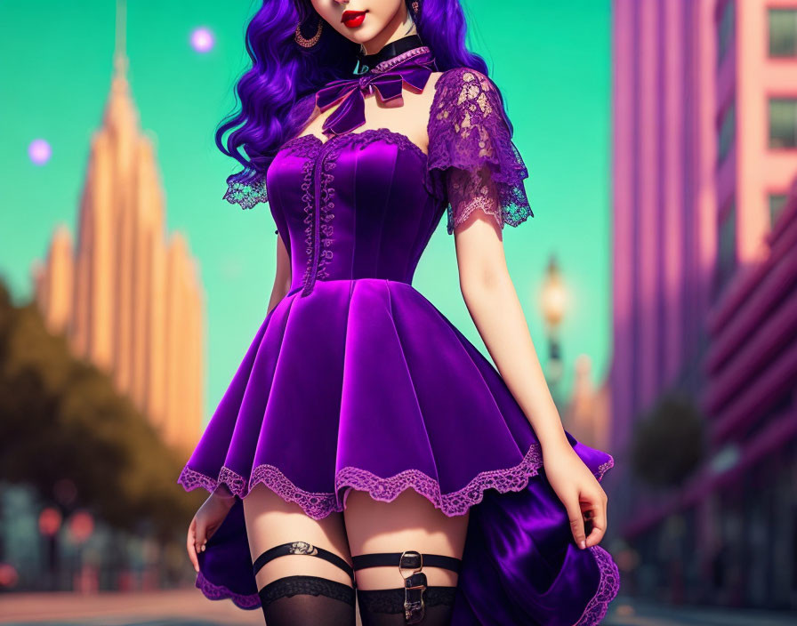 Digital Artwork: Stylized Woman with Purple Hair in Gothic Dress