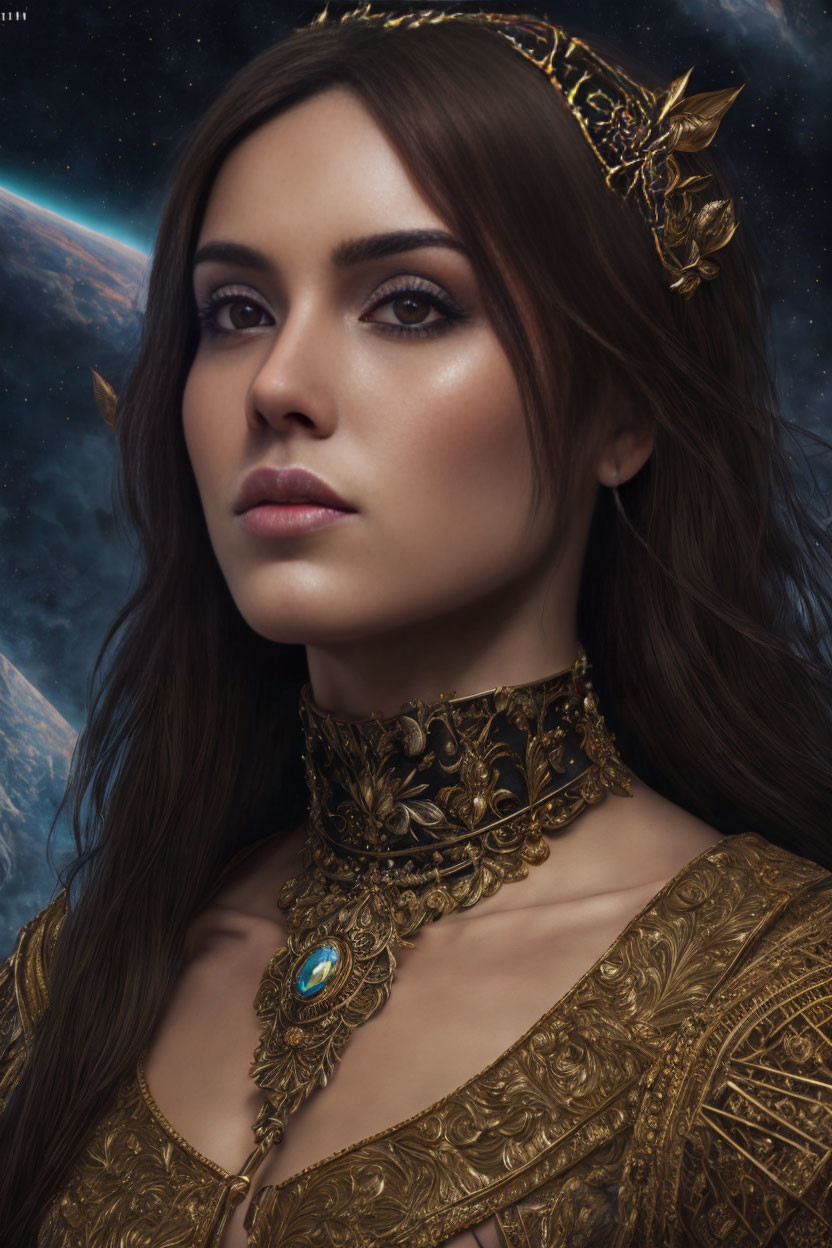 Serious woman with brown eyes in gold jewelry against cosmic backdrop