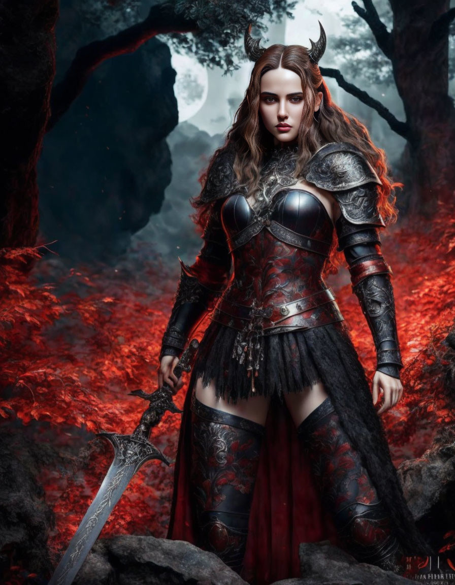 Warrior woman in medieval armor with horns in mystical forest at night