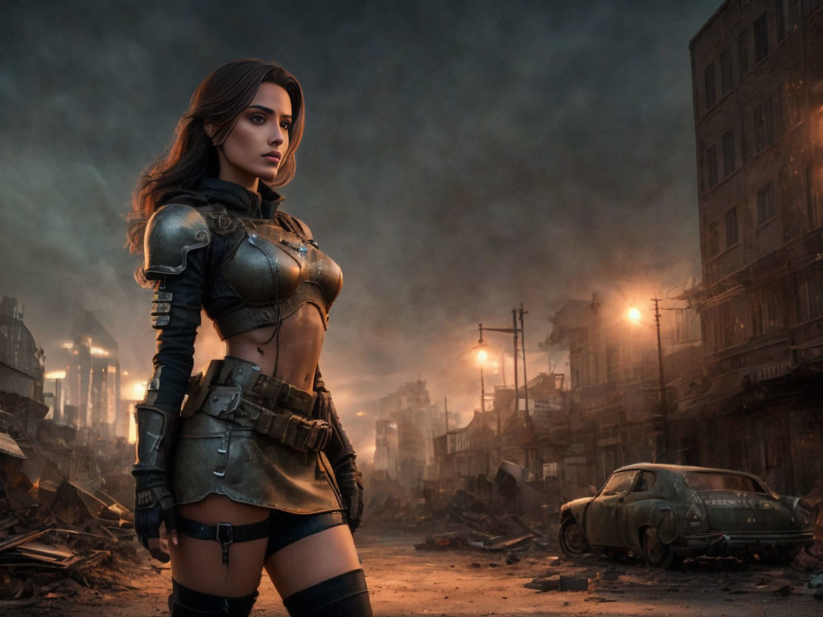 Armored woman in dystopian cityscape with abandoned cars.