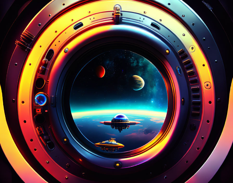 Colorful outer space view through spaceship porthole: planets, stars, futuristic structures.