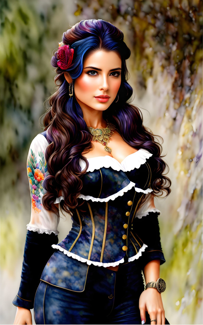 Digital artwork: Woman with blue and purple hair, red flower, floral corset, necklace