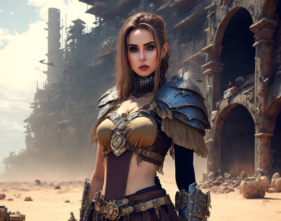 Digital artwork: Woman in ornate armor against desert ruins