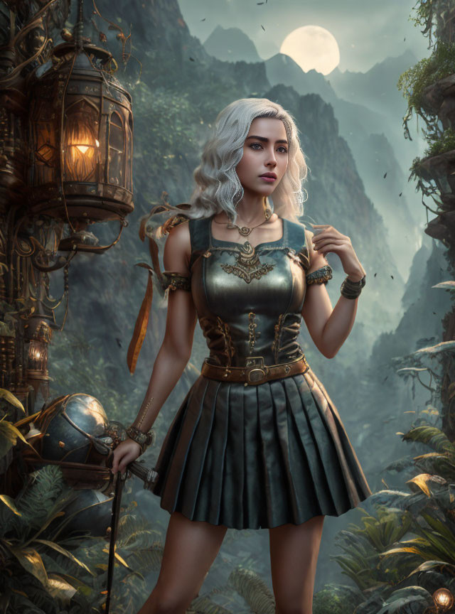 Silver-Haired Female Warrior in Metal Armor with Sword in Fantasy Landscape