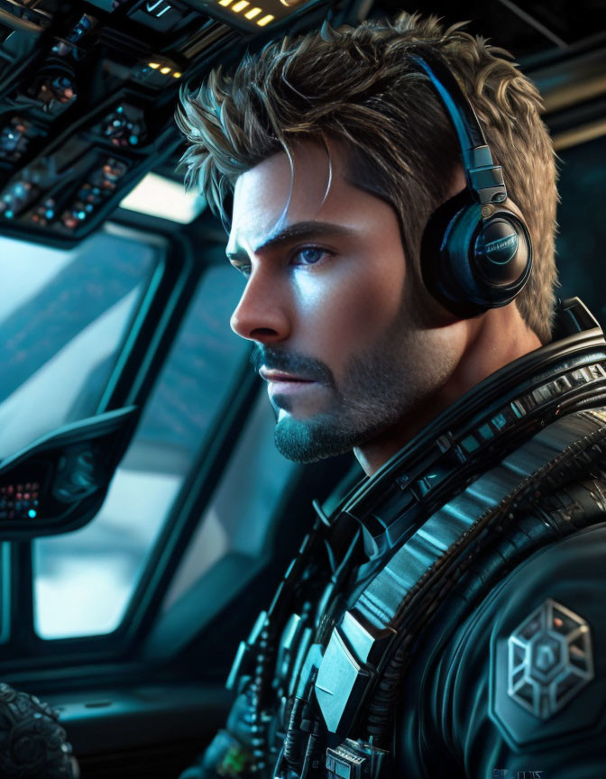 Futuristic soldier in cockpit with headset & sci-fi uniform