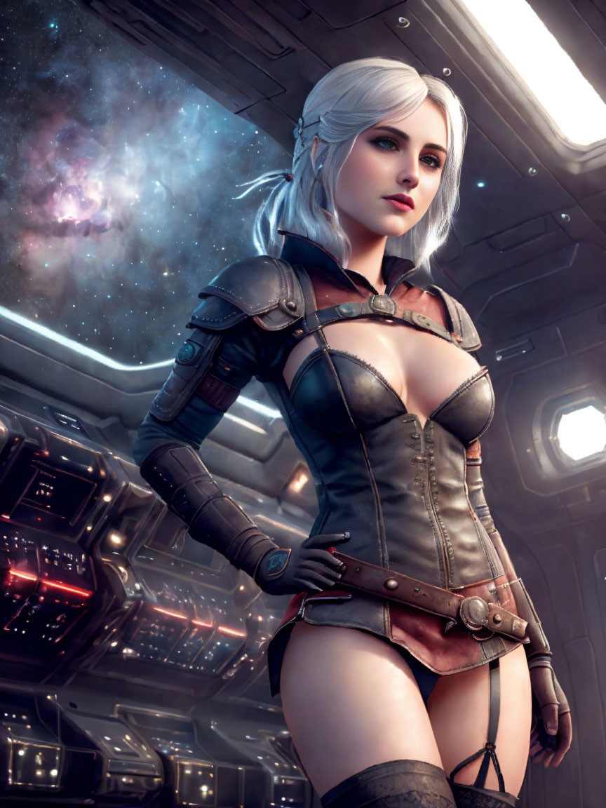 White-haired female character in futuristic armor on spaceship with galaxy view.