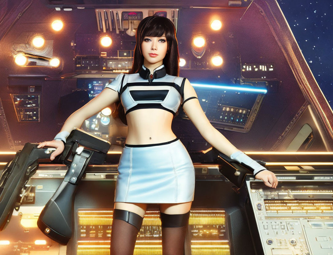 Futuristic 3D-rendered female character in white and black outfit on spaceship bridge