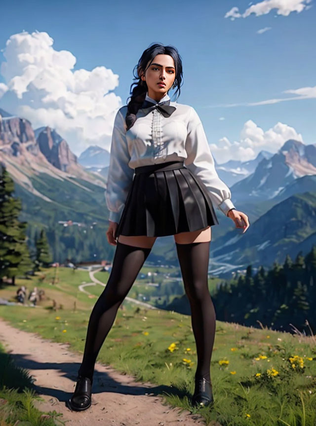 3D-rendered young woman in mountain meadow with scenic backdrop