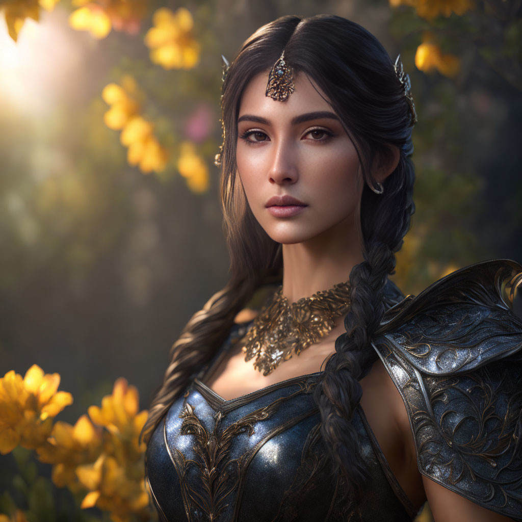 Fantasy-style armor woman with braided hair in gold headpiece against yellow flowers