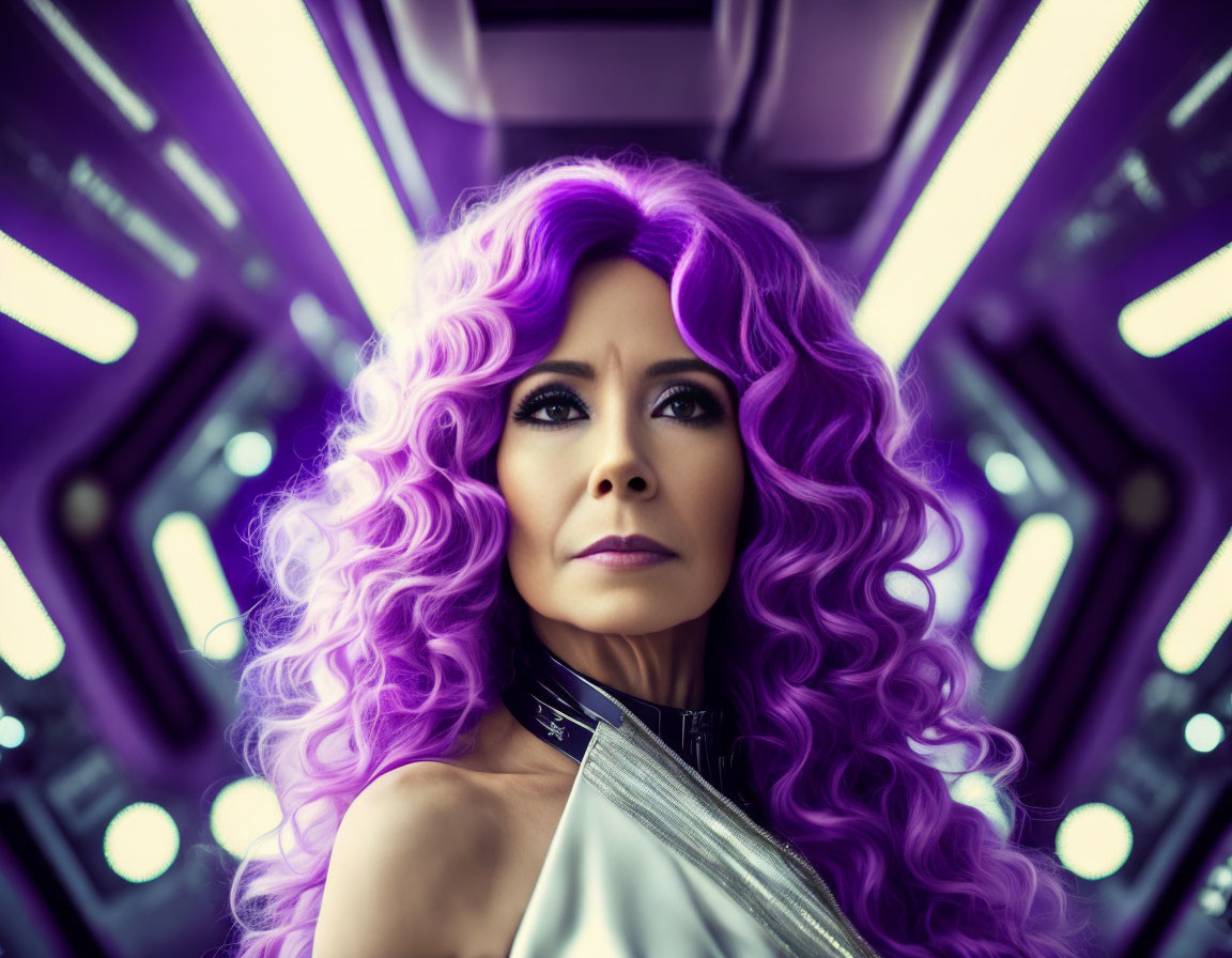 Vibrant Purple-Haired Woman in Futuristic Attire in Sci-Fi Setting