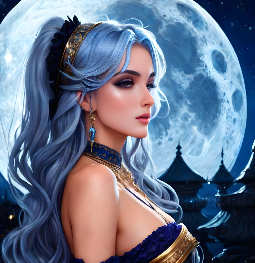 Digital Artwork: Woman with Blue Hair, Moon, and Temples