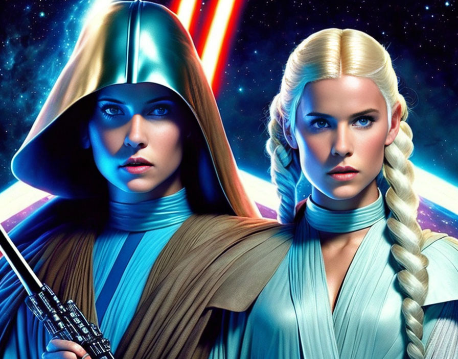 Two women in Jedi costumes with lightsabers in space setting