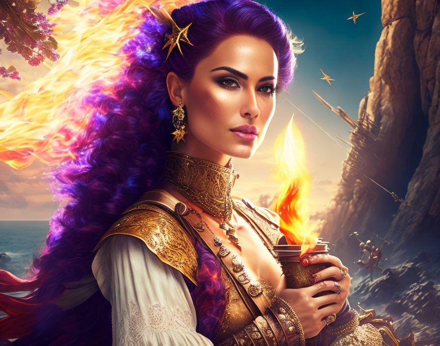 Fantasy portrait of woman with purple hair, golden armor, glowing cup, celestial background