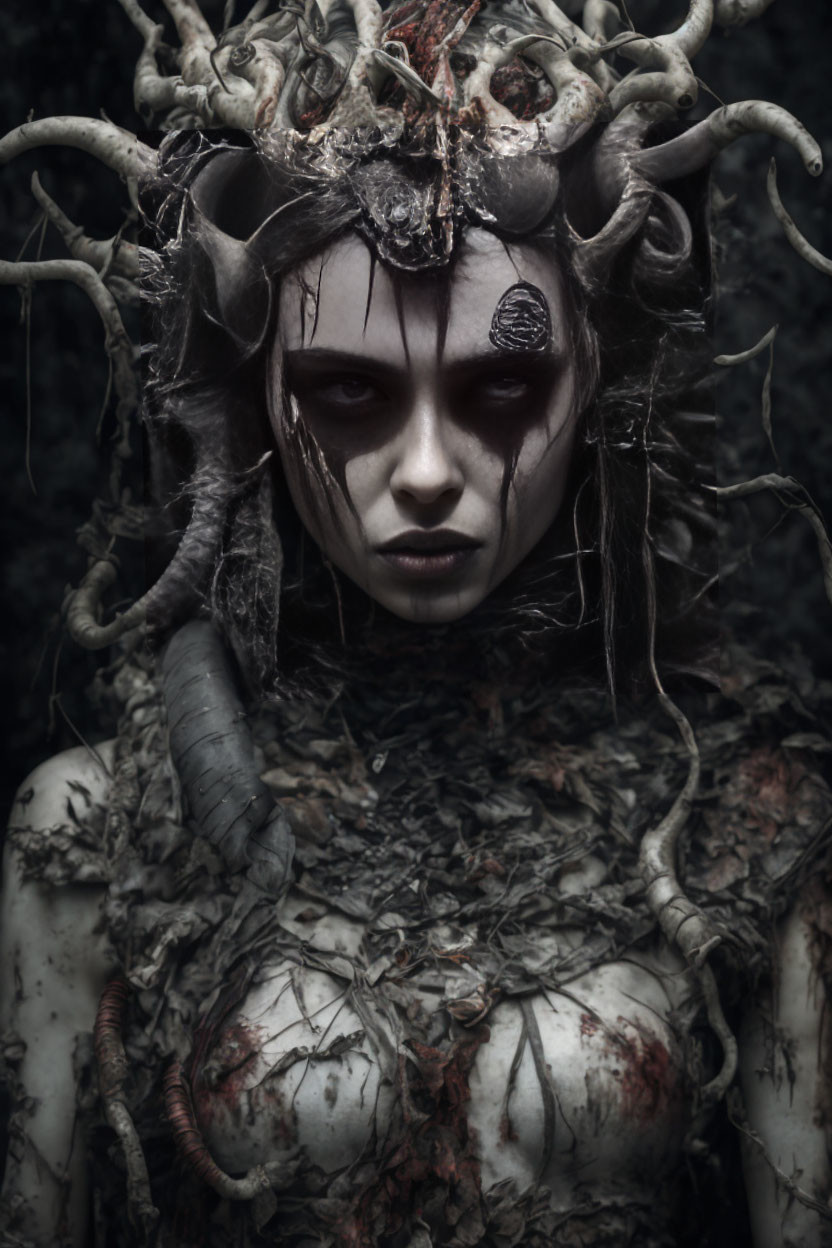 Pale-skinned figure with dark eyes and twisted crown exudes mythical darkness