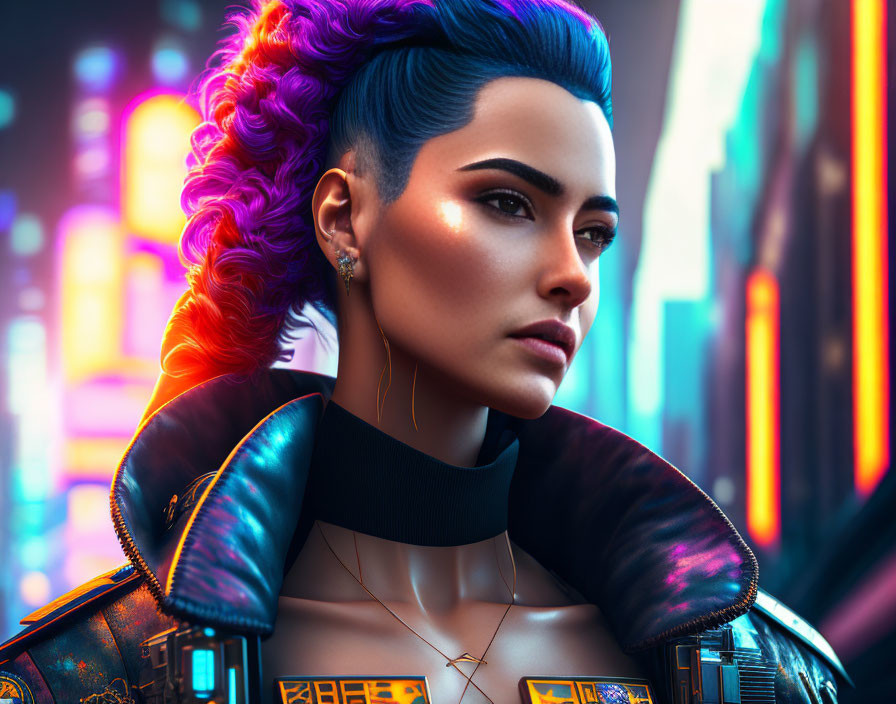 Vibrant blue and purple hair woman in futuristic attire against neon cityscape