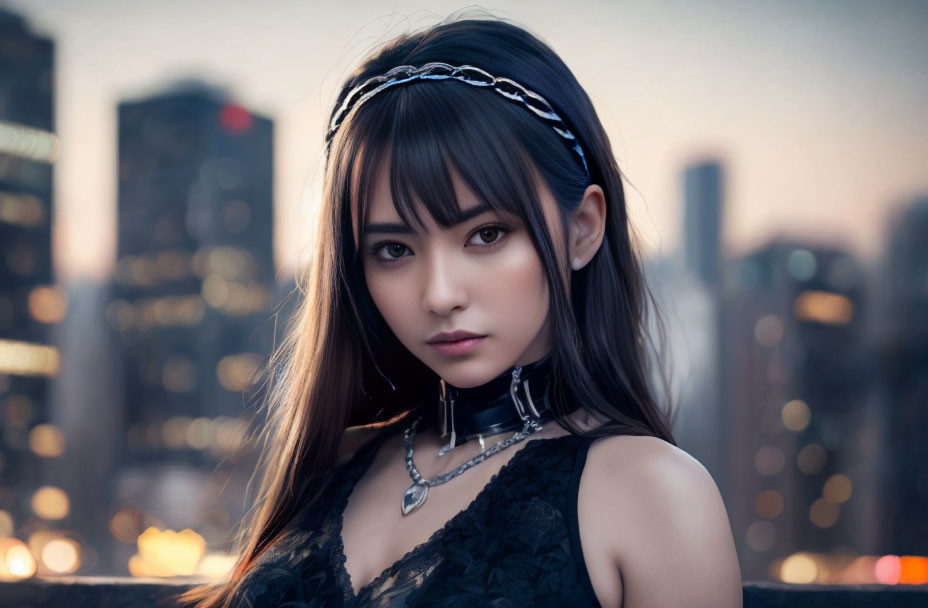 Dark-haired woman in head chain and choker against cityscape at dusk