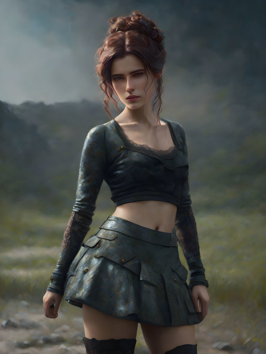 Fantasy armor woman in cropped top and skirt with mystical landscape