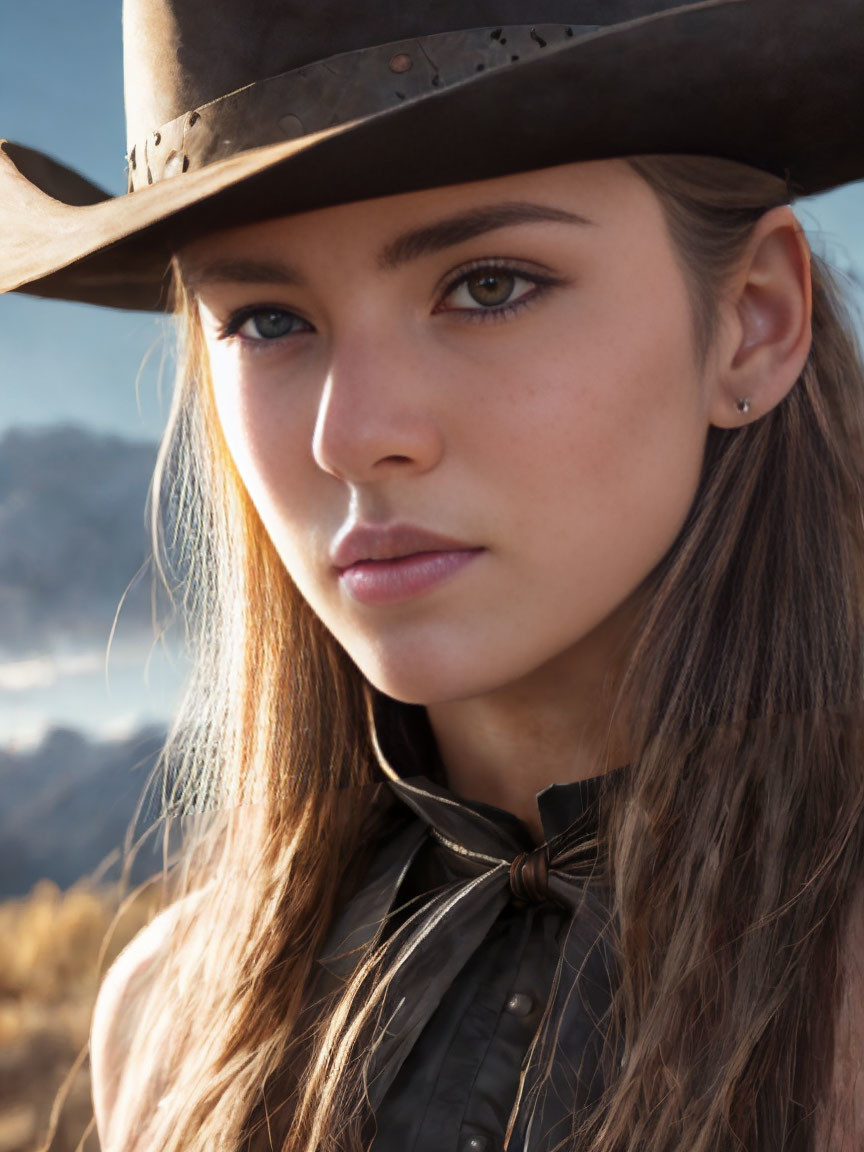 Young woman in cowboy hat with mountains in background