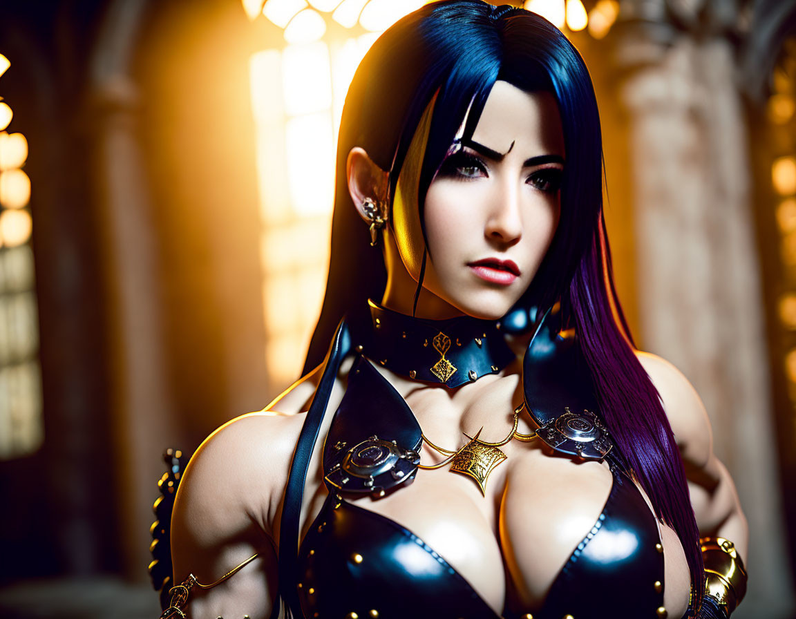 Cosplay of dark-haired woman in black armor with gold trim against stained glass backdrop