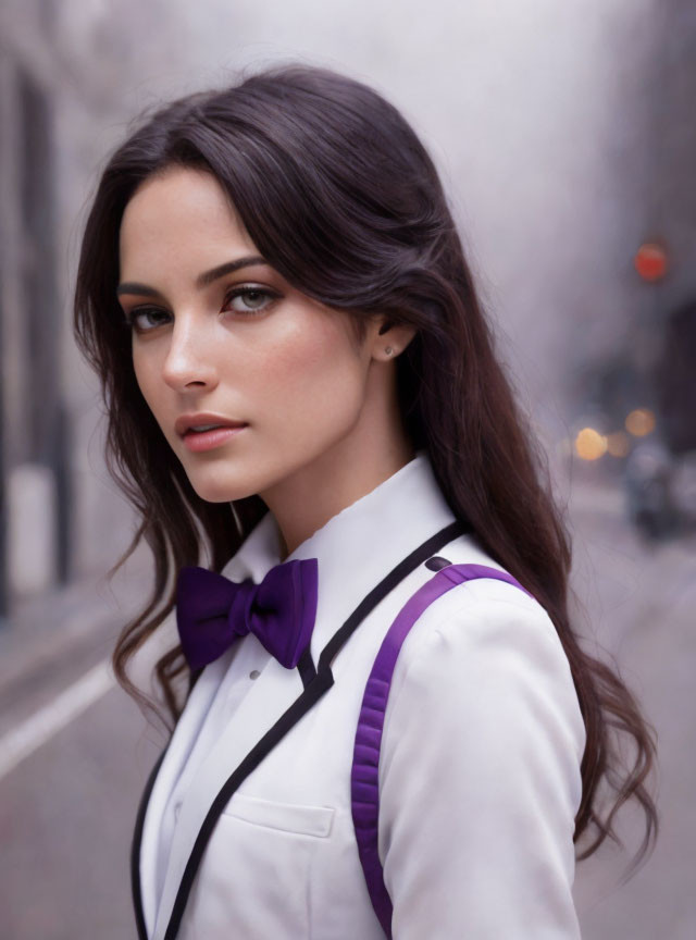 Dark-haired woman in white shirt with purple bow tie and suspenders on misty street