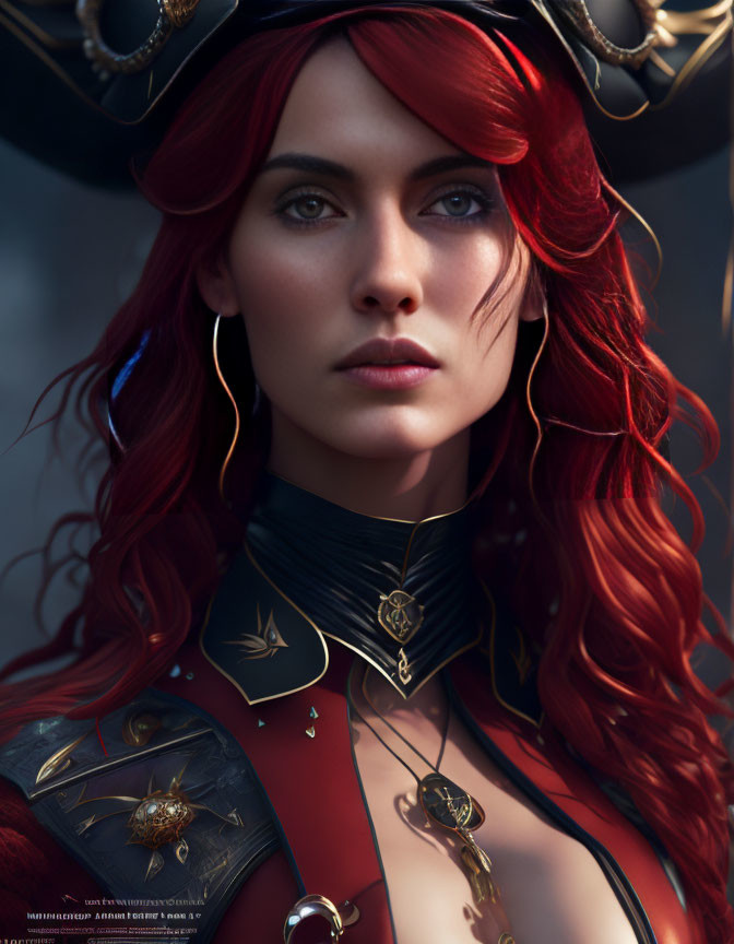 Red-haired woman in pirate hat, black jacket with gold details, and choker