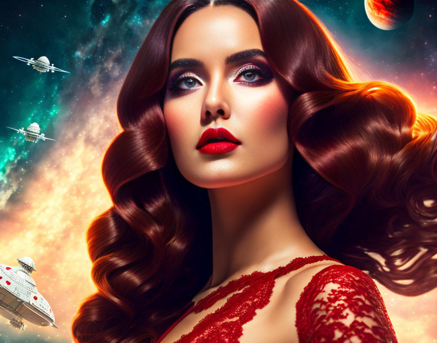 Wavy-haired woman with bold makeup on cosmic background