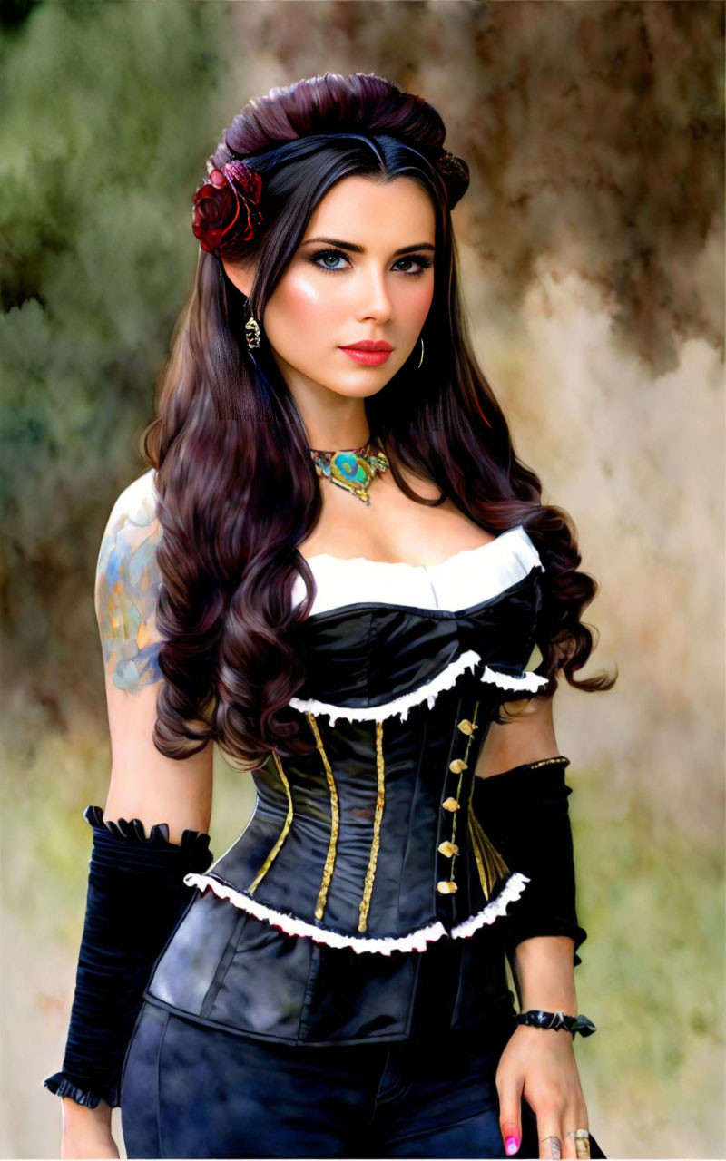 Dark-haired woman in gothic corset, gloves, red flower, and blue necklace.