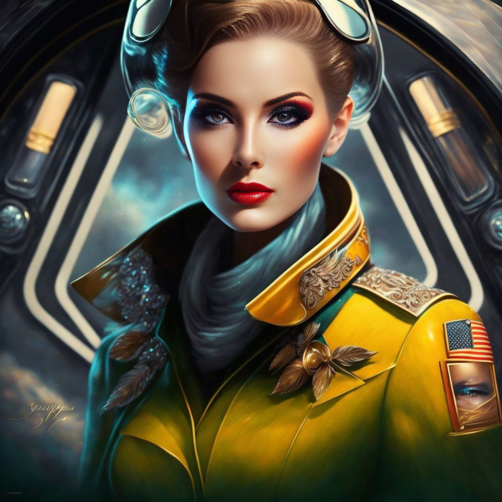 Futuristic digital artwork of a woman in pilot uniform with striking makeup