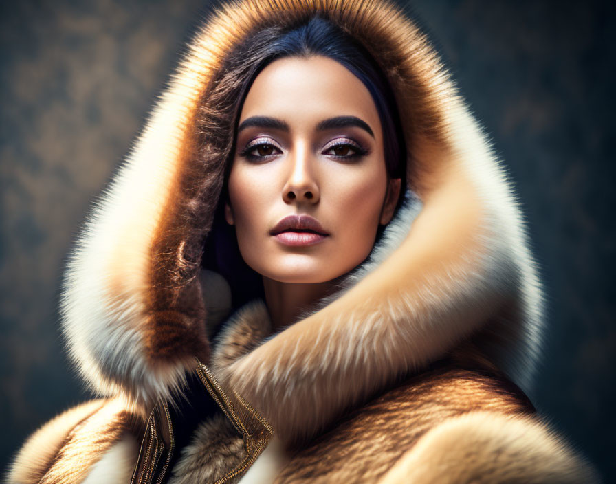 Woman with dramatic makeup in luxurious fur hood against golden brown backdrop