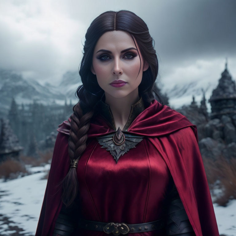 Woman with Braided Hair in Red Cloak and Dress, Snowy Landscape & Castle