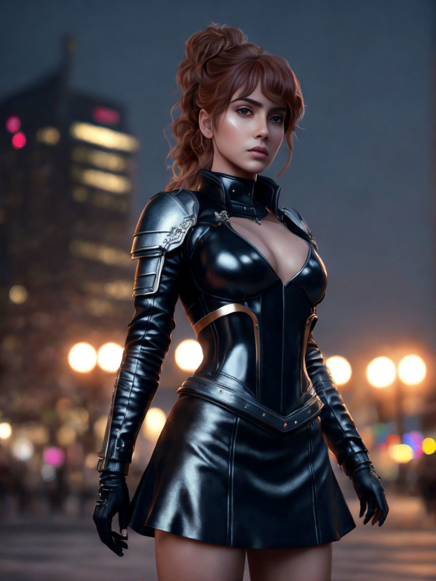 Brown-Haired Woman in Black Leather Outfit 3D City Scene at Dusk