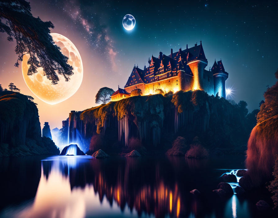 Majestic castle on cliff with moonlit sky and serene water view