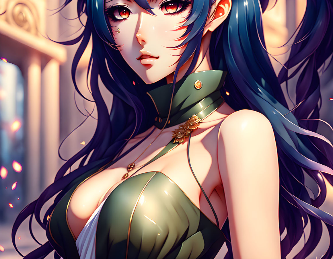 Blue-Haired Anime Female in Green Outfit with Gold Accents