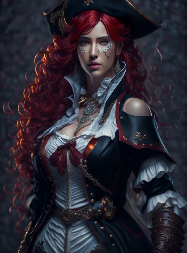 Red-haired woman in ornate pirate costume with detailed armor on dark background