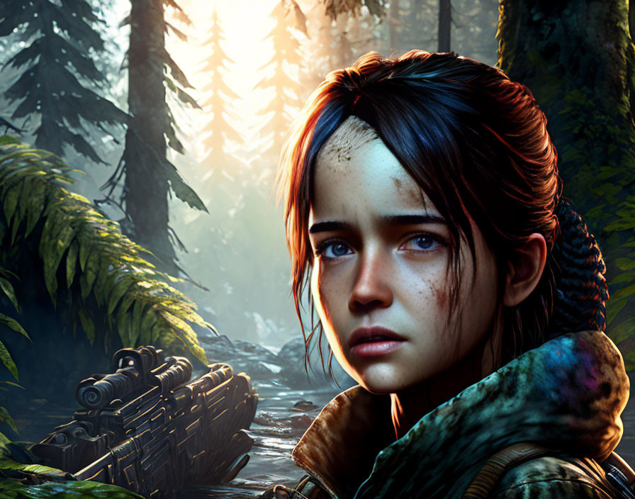 Digital artwork: Young girl with bruised face in forest with gun & sunlight.