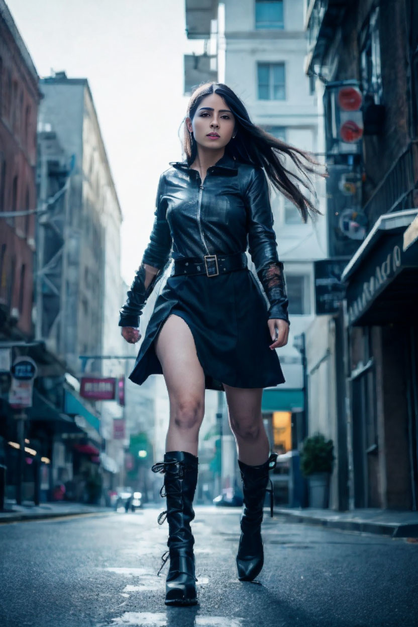 Woman in black leather dress and boots striding on wet city street with buildings and wind-blown hair