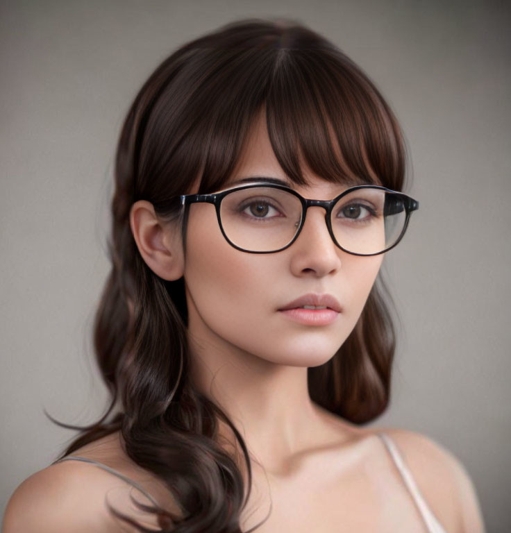 Portrait of woman with brown hair and bangs in black-rimmed glasses