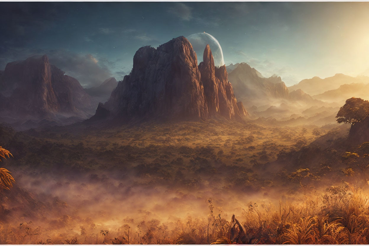 Mystical landscape with towering mountains and dense jungle canopy