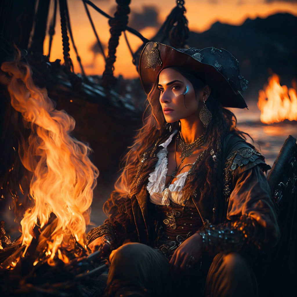 Intense Woman in Elaborate Pirate Costume by Fire at Dusk