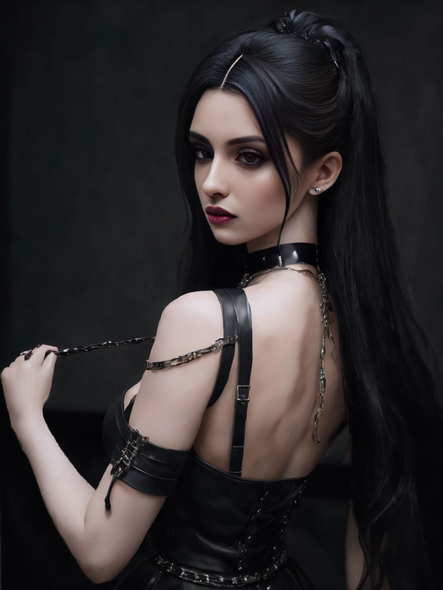 Long Black-Haired Woman in Gothic Attire with Chain Accents