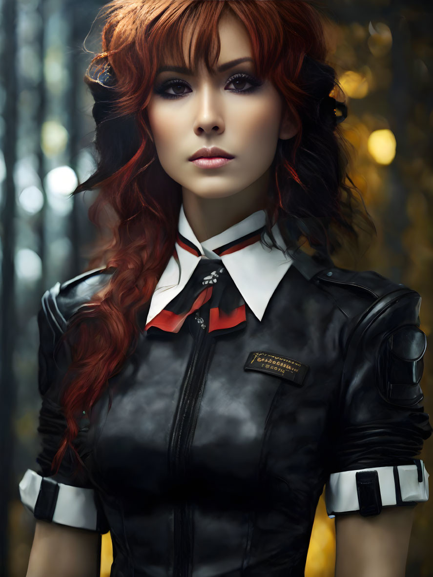 Curly Red-Haired Woman in Black Collar Outfit on Golden Background